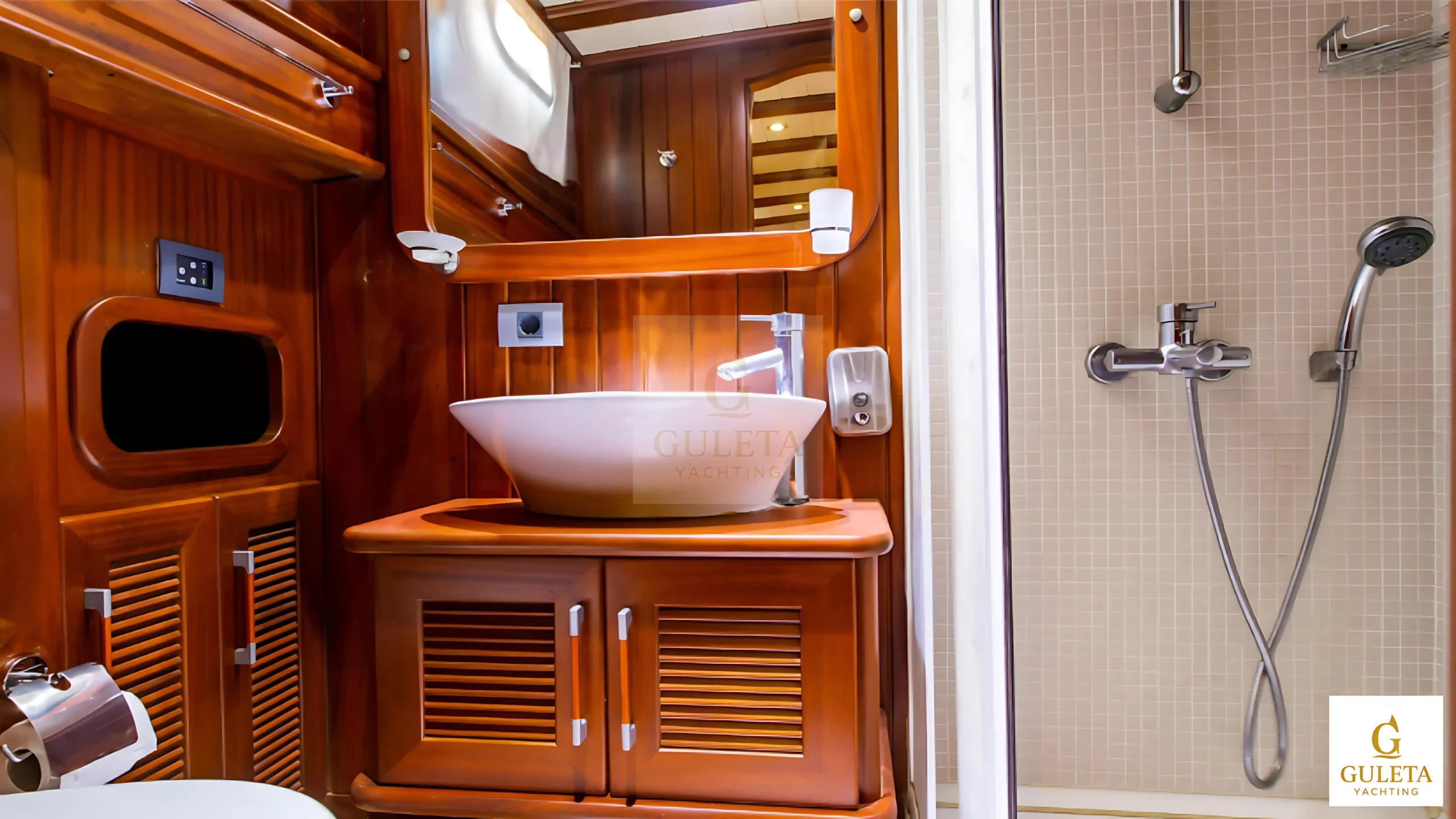 Sunrise 2 Gulet private bathroom equipped with shower and modern yacht amenities.