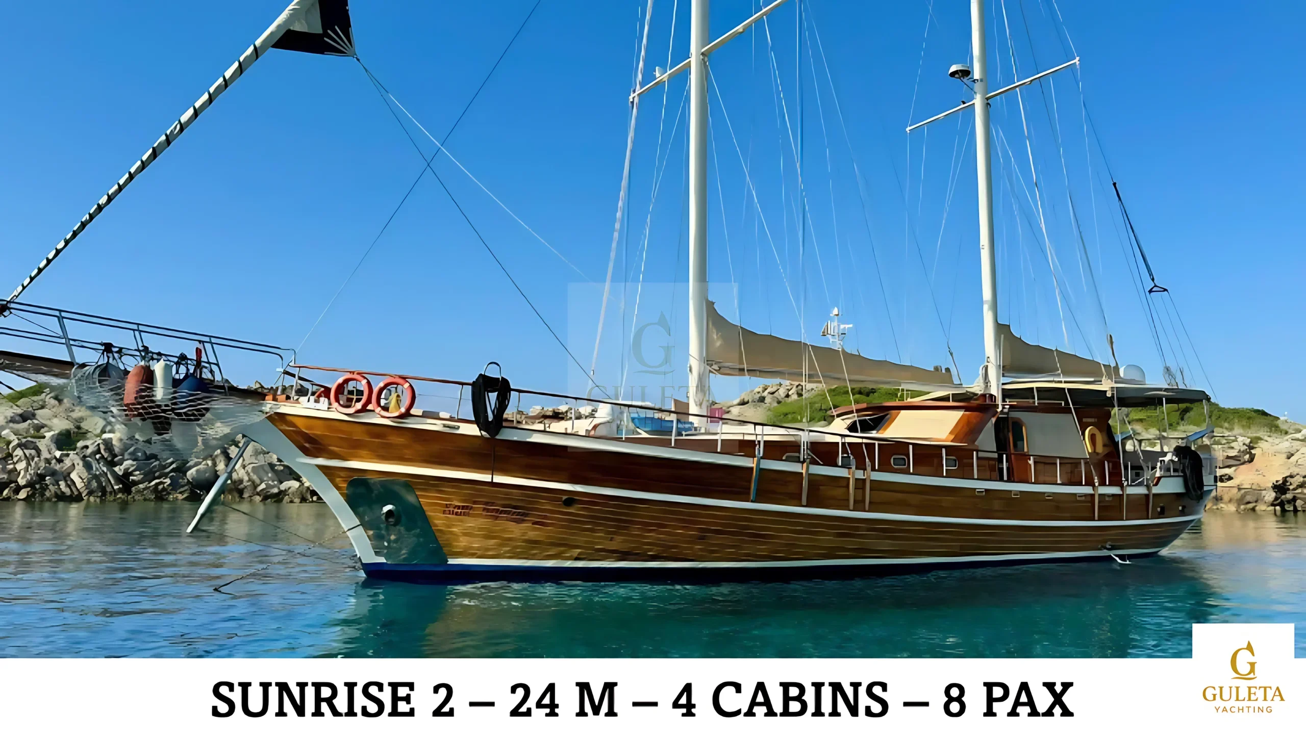 Sunrise 2 Gulet exterior view showcasing elegant wooden design and classic Turkish craftsmanship.