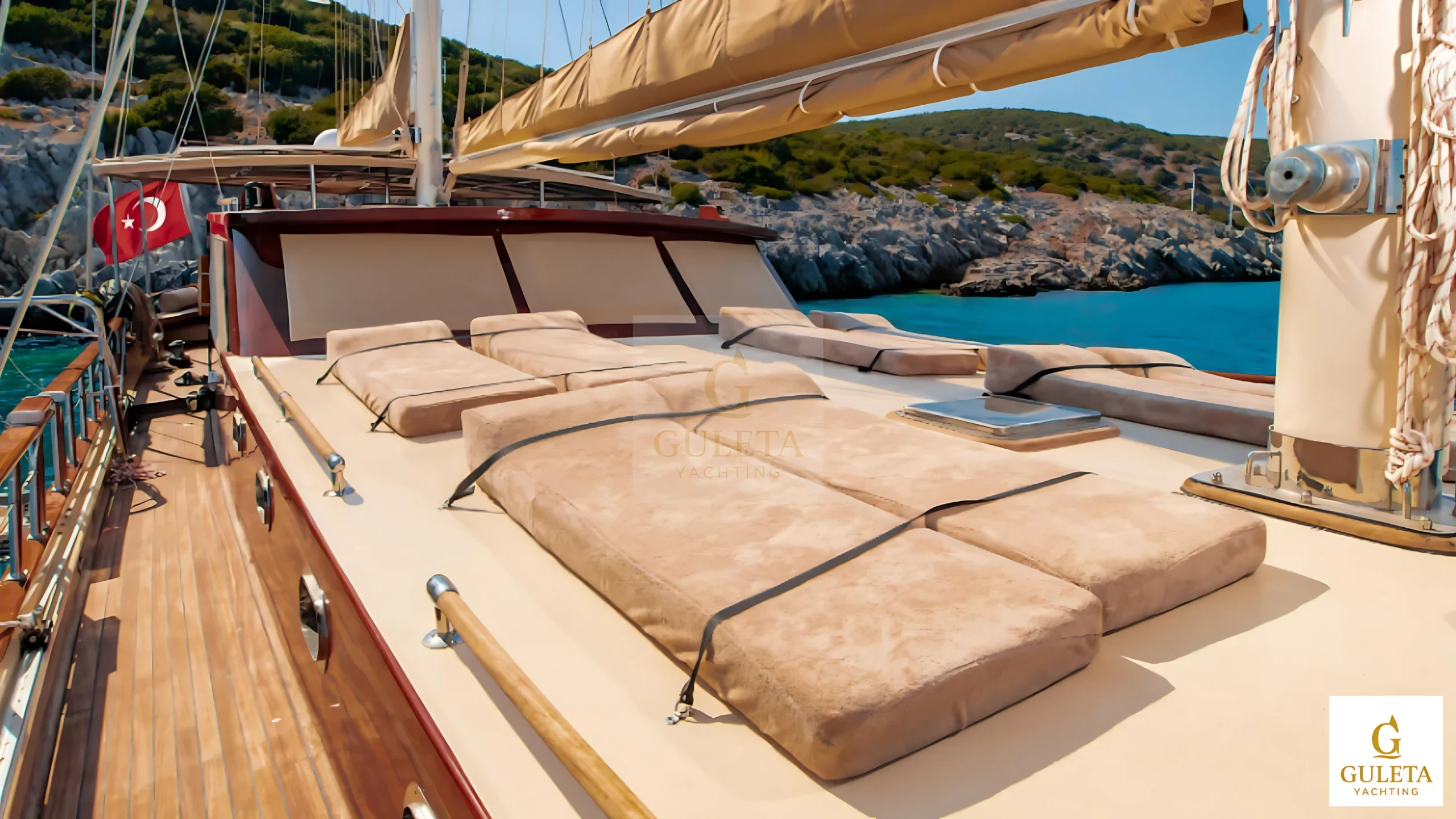 Sunrise 2 Gulet sunbathing cushions and lounging pads on the upper deck.