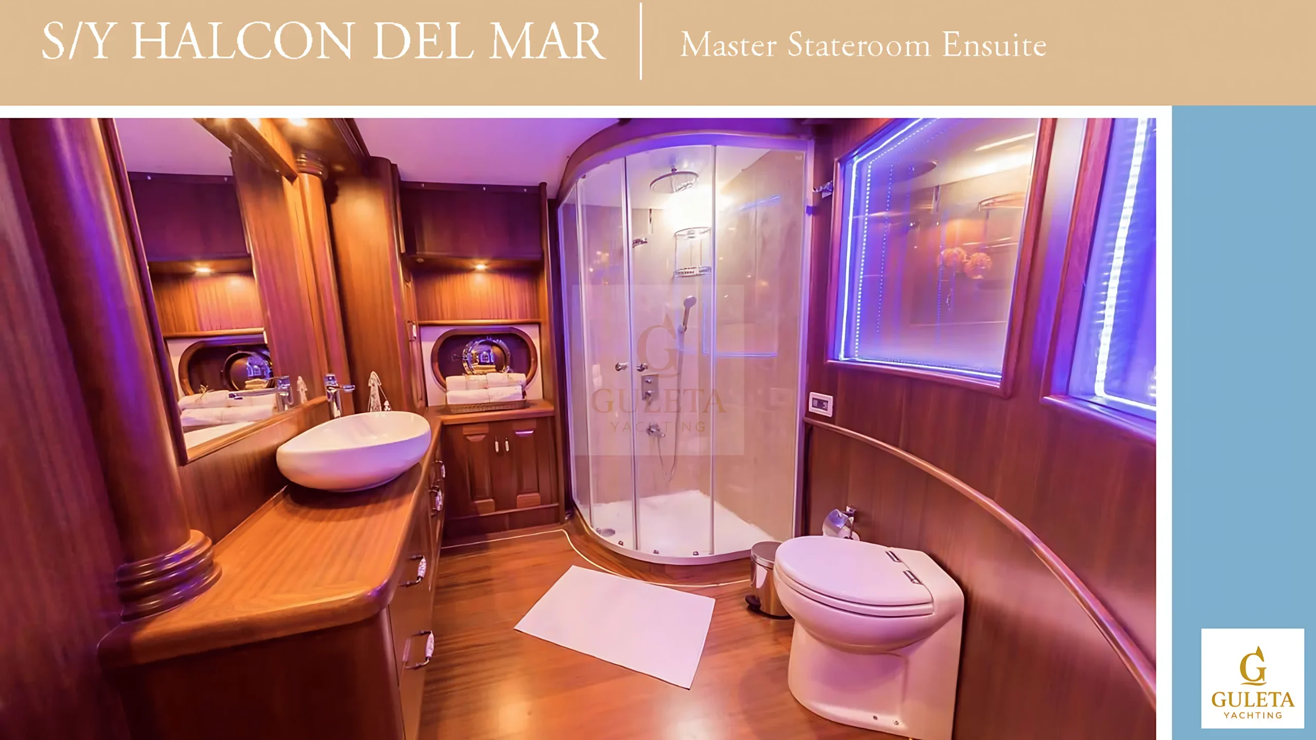 En-suite bathroom of the master cabin aboard Halcon Del Mar, equipped with modern fixtures and elegant design.