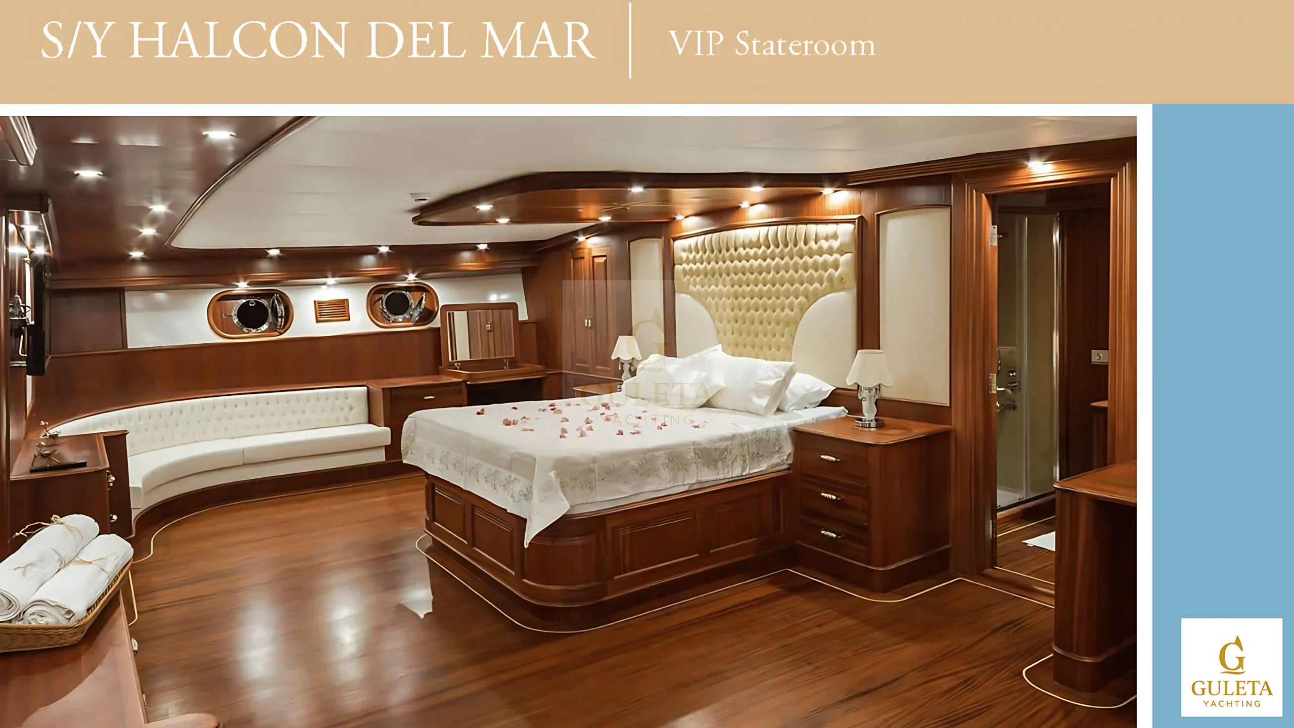 Second master cabin on Halcon Del Mar gulet with refined interior design, double bed, and large windows.