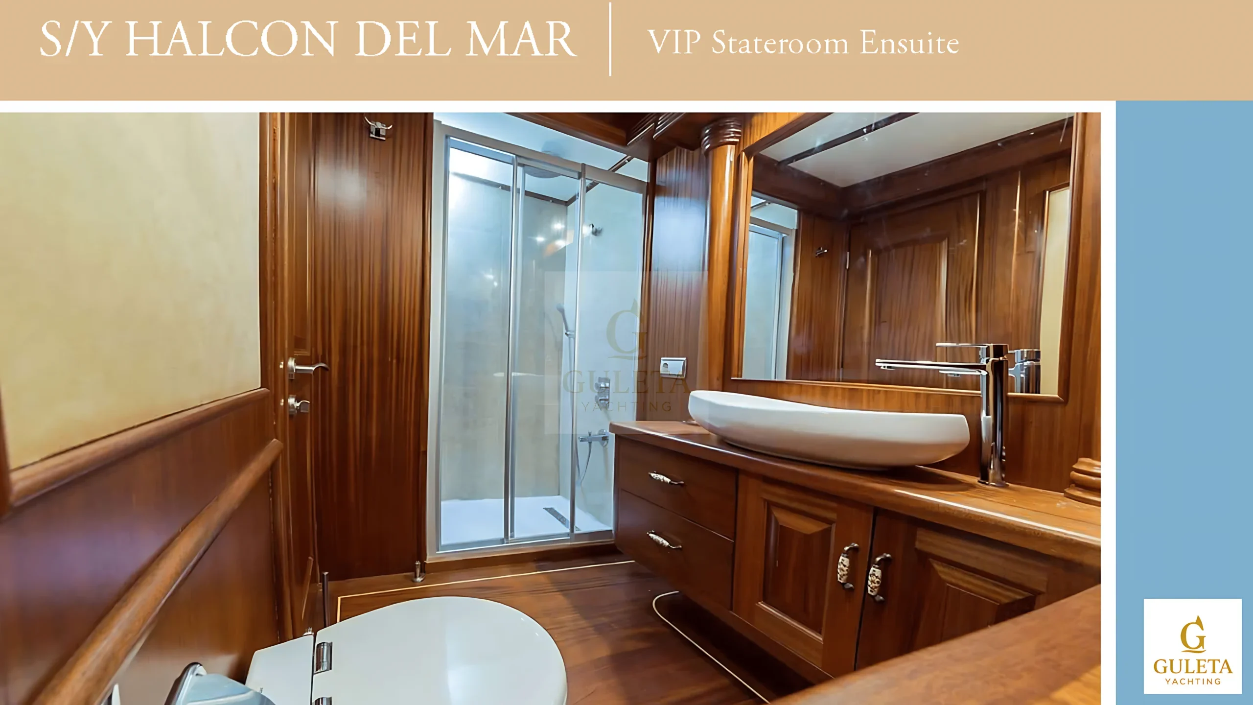 Private bathroom of the second master cabin on Halcon Del Mar, featuring a shower, sink, and stylish fittings.