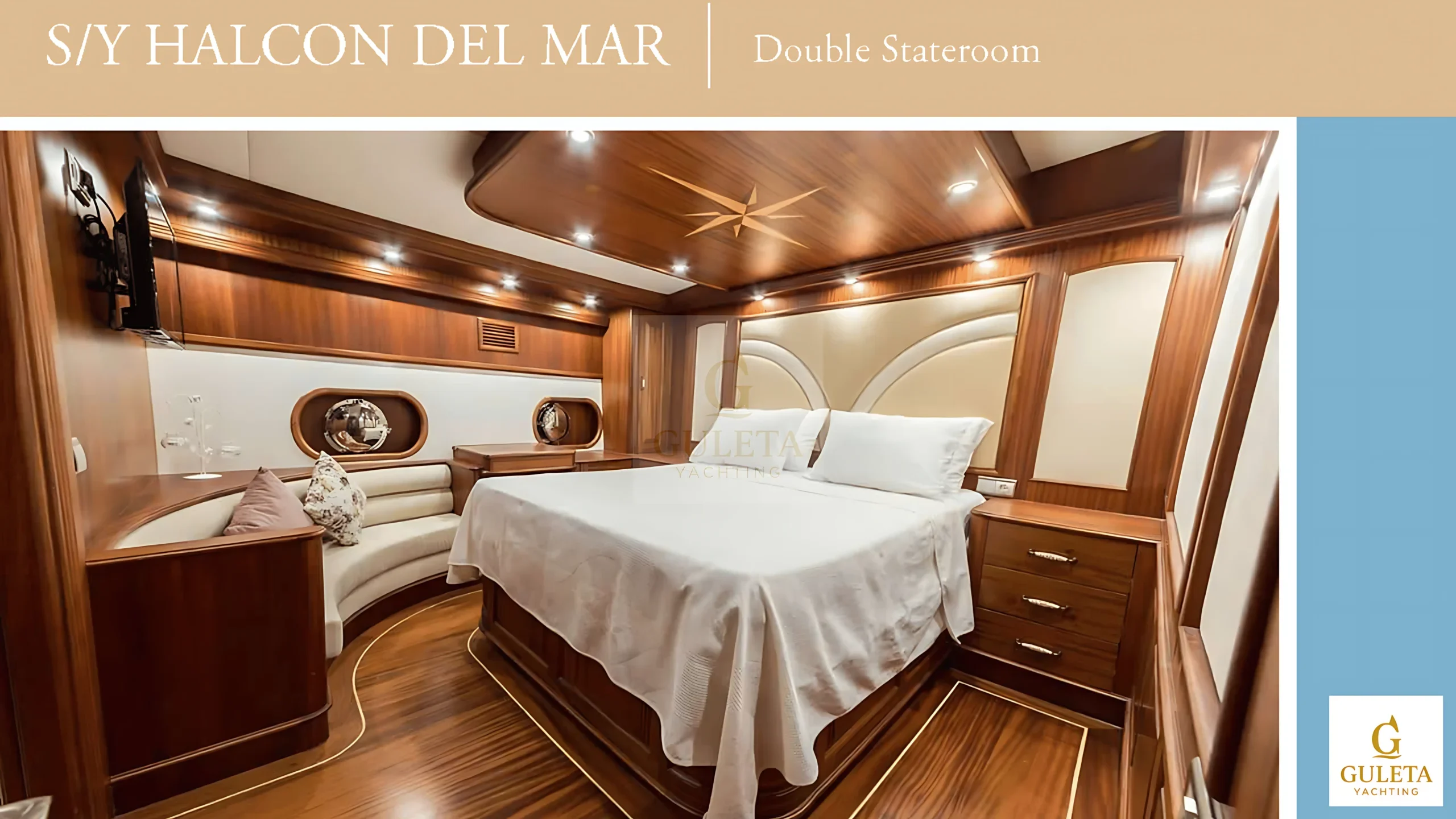 Comfortable double cabin on Halcon Del Mar gulet, designed with elegant wood details and soft lighting.