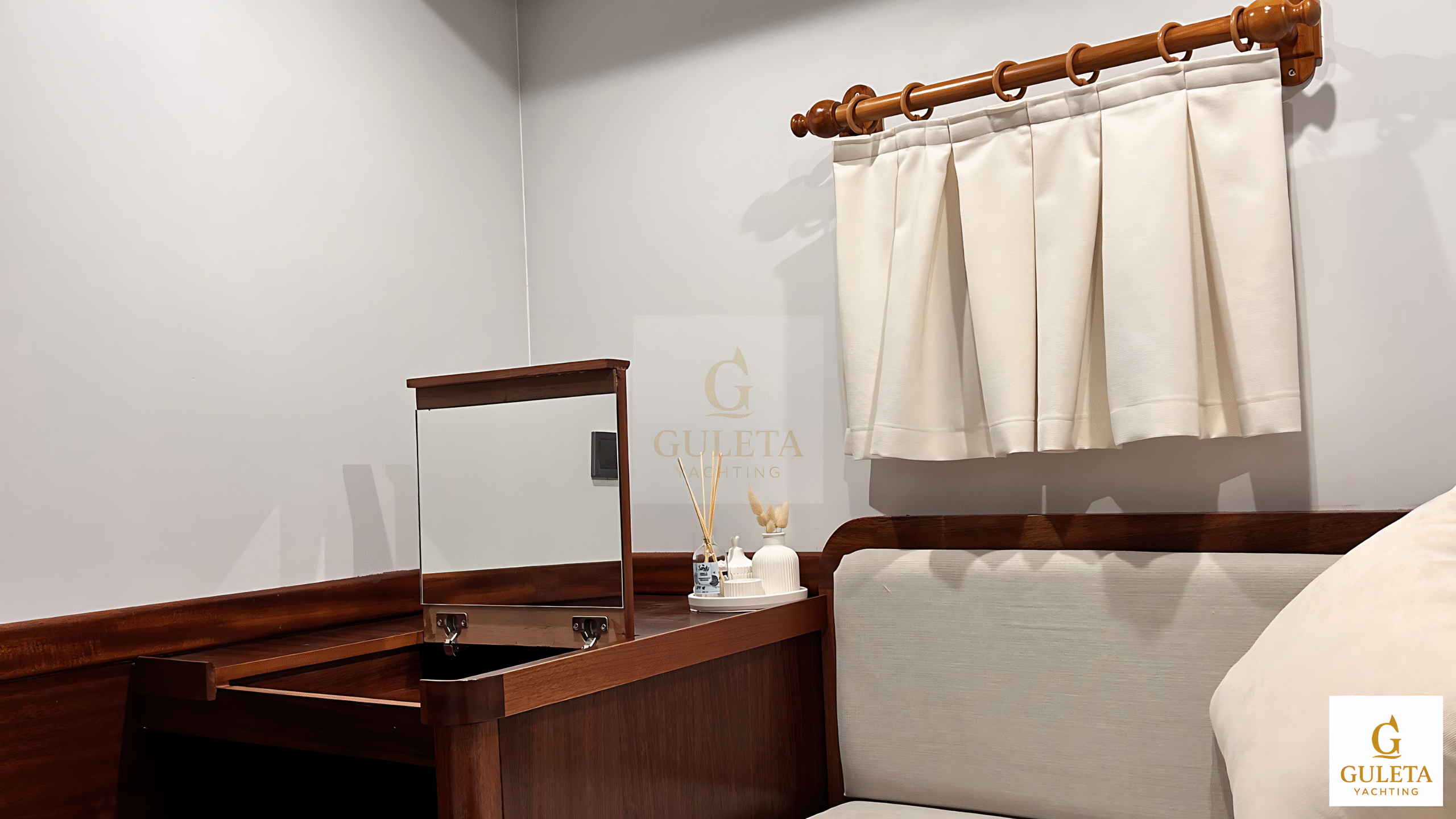 Interior living space of the gulet with soft lighting and comfortable furnishings.