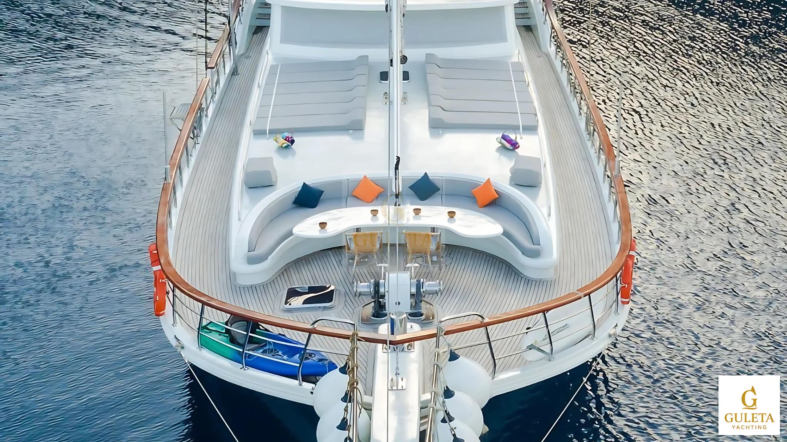 Vista Mare Gulet anchored at sea, showcasing its spacious deck and elegant design.
