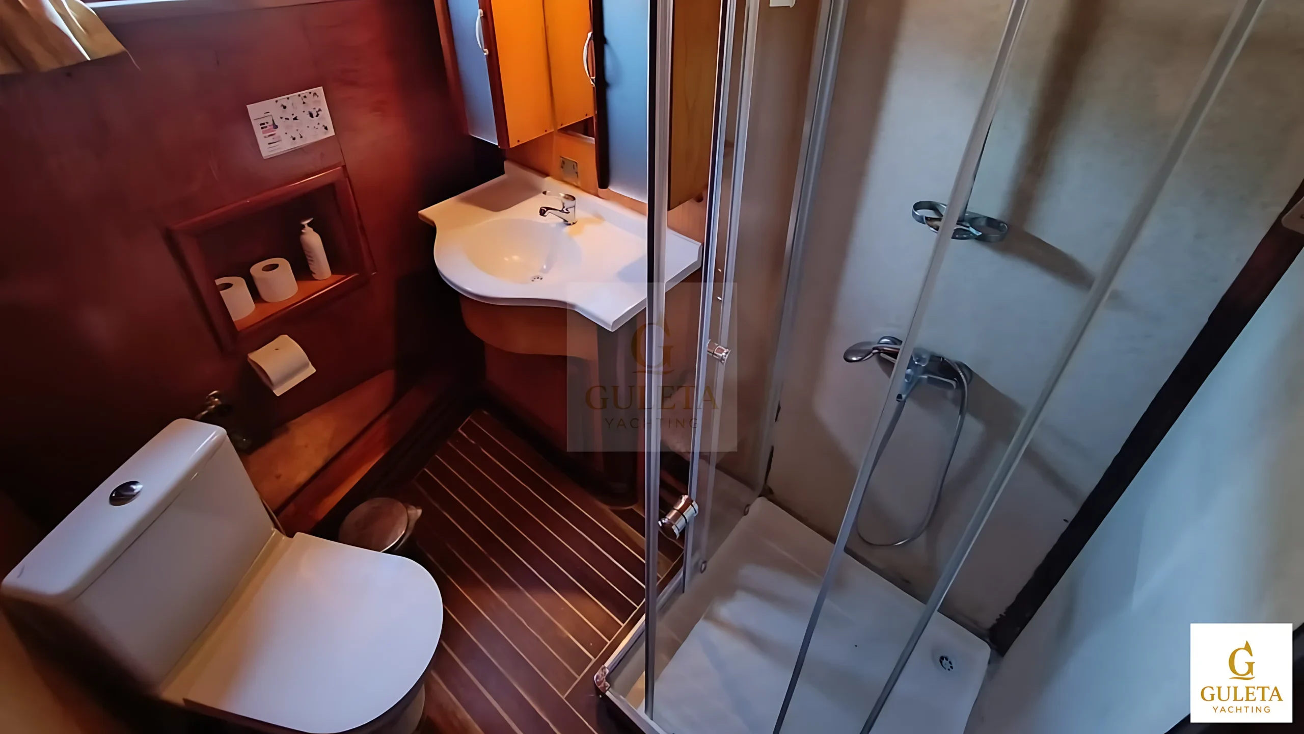 Nirvana Gulet bathroom with shower area for private gulet hire in Bodrum, Turkey