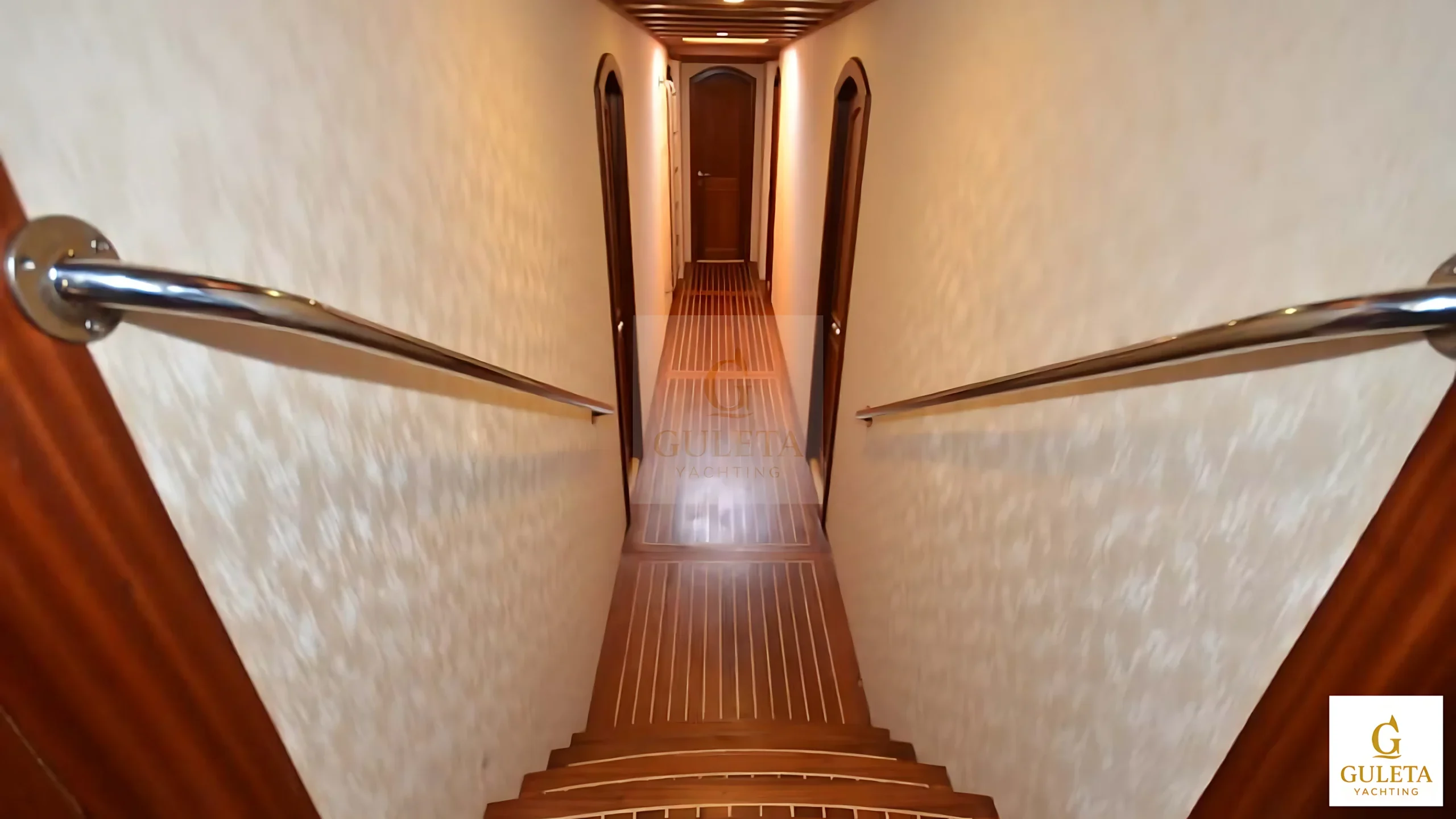 Corridor leading to the cabins inside the C.Taner II Gulet.