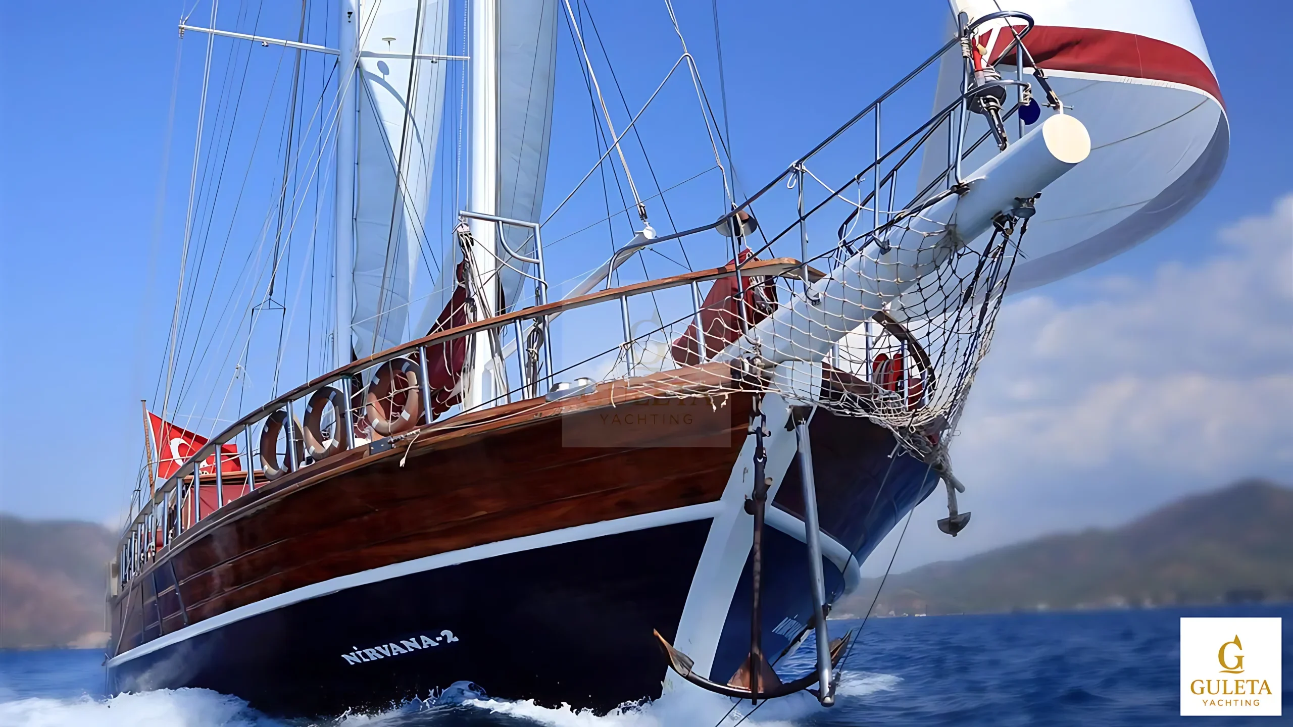 Nirvana Gulet elegant bow view for luxury gulet cruises in Bodrum, Turkey