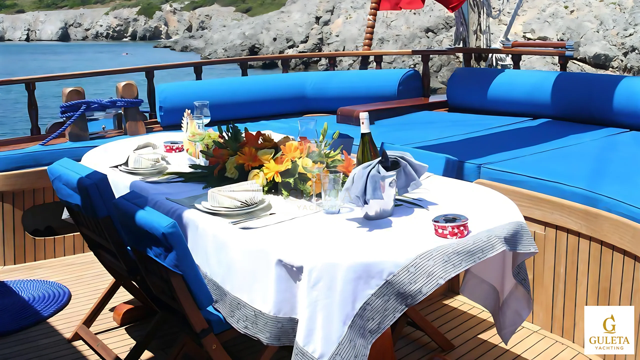 Gemibasi Gulet side angle of the aft dining area
