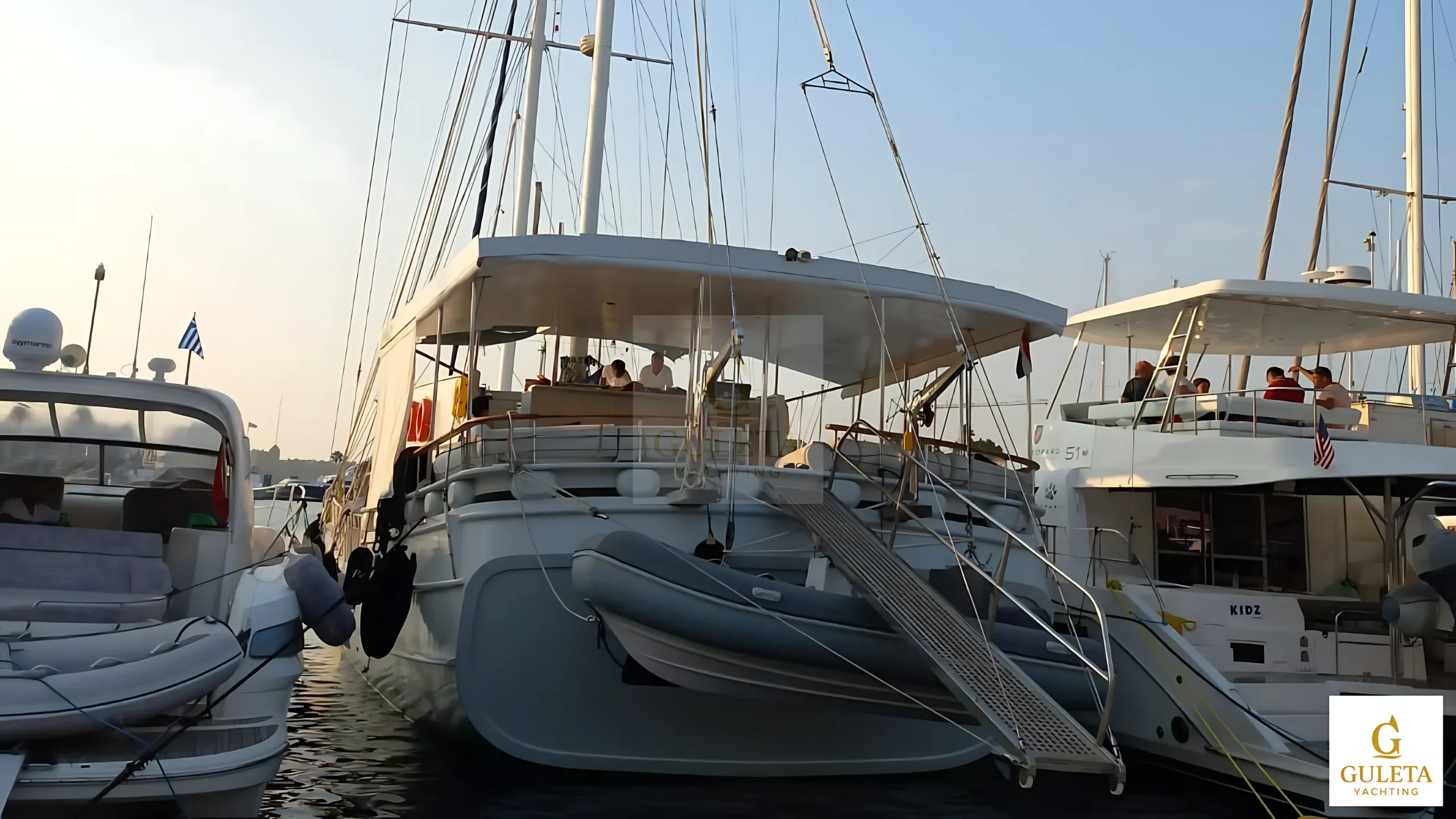 Stern view of Pam Due Gulet docked in the harbor