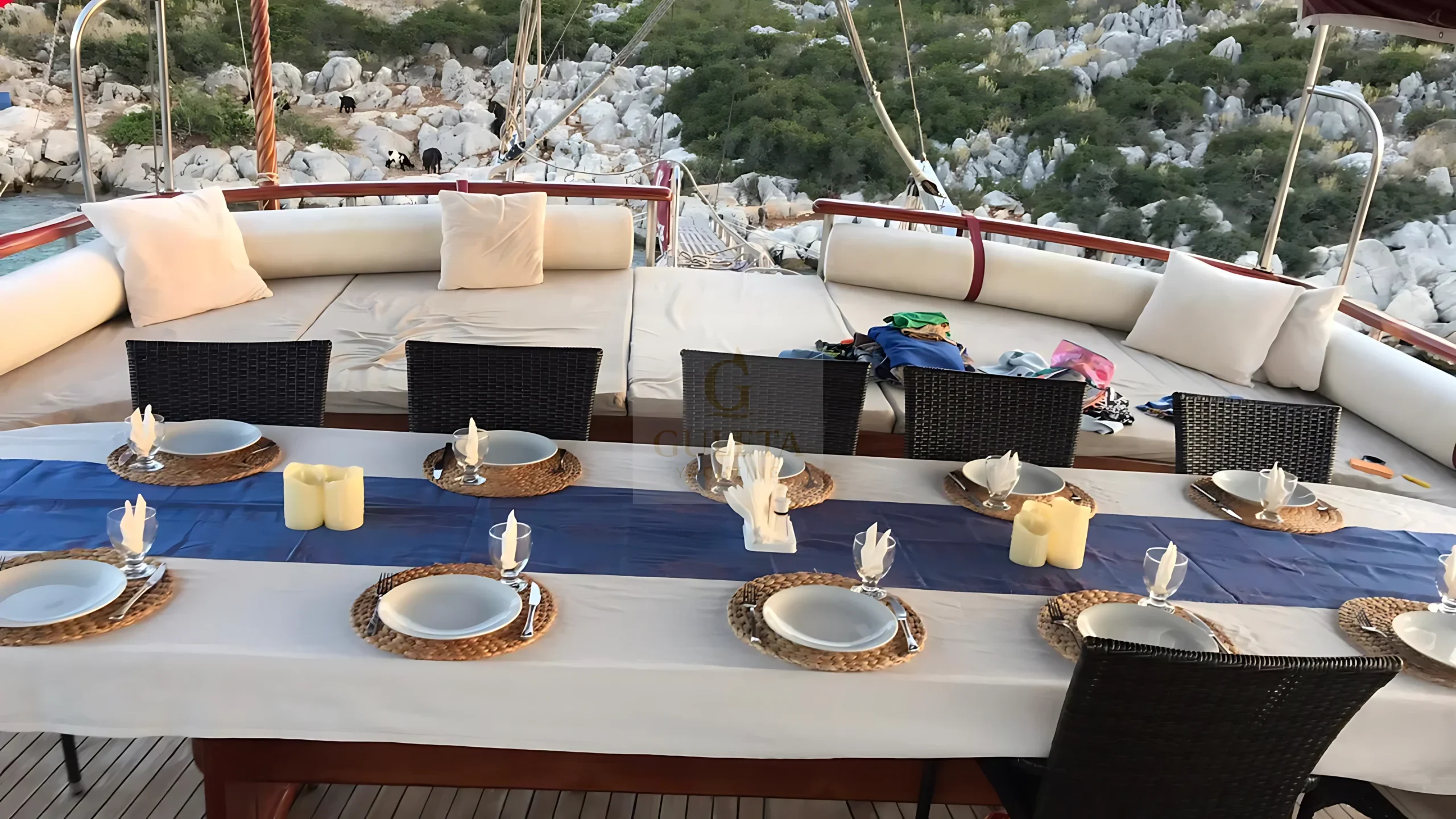 Nirvana Gulet aft deck dining table for luxury Mediterranean cruising in Turkey