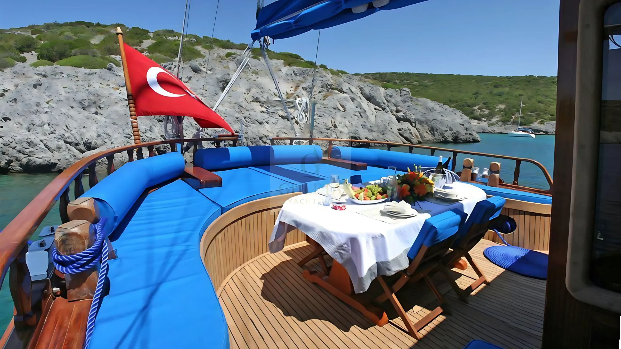 Gemibasi Gulet aft deck with elegant dining table