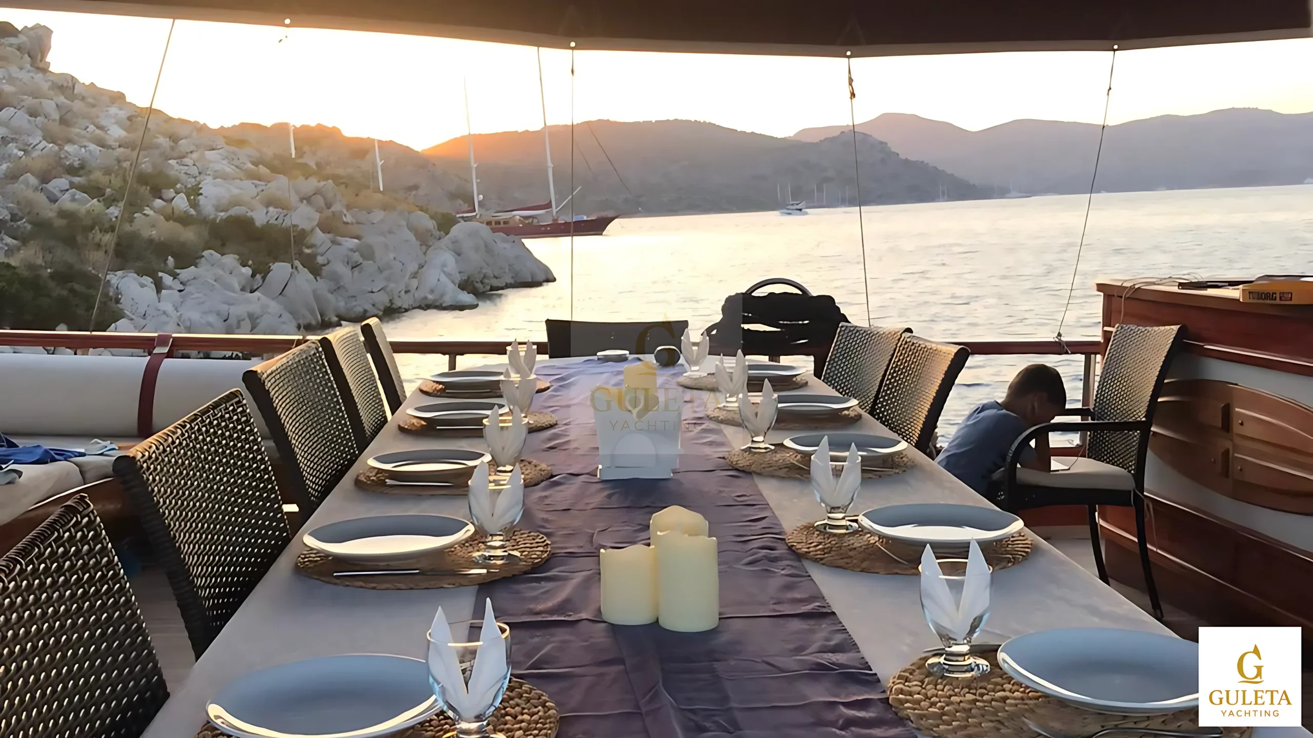 Nirvana Gulet side view of the dining table on the aft deck in Bodrum, Turkey