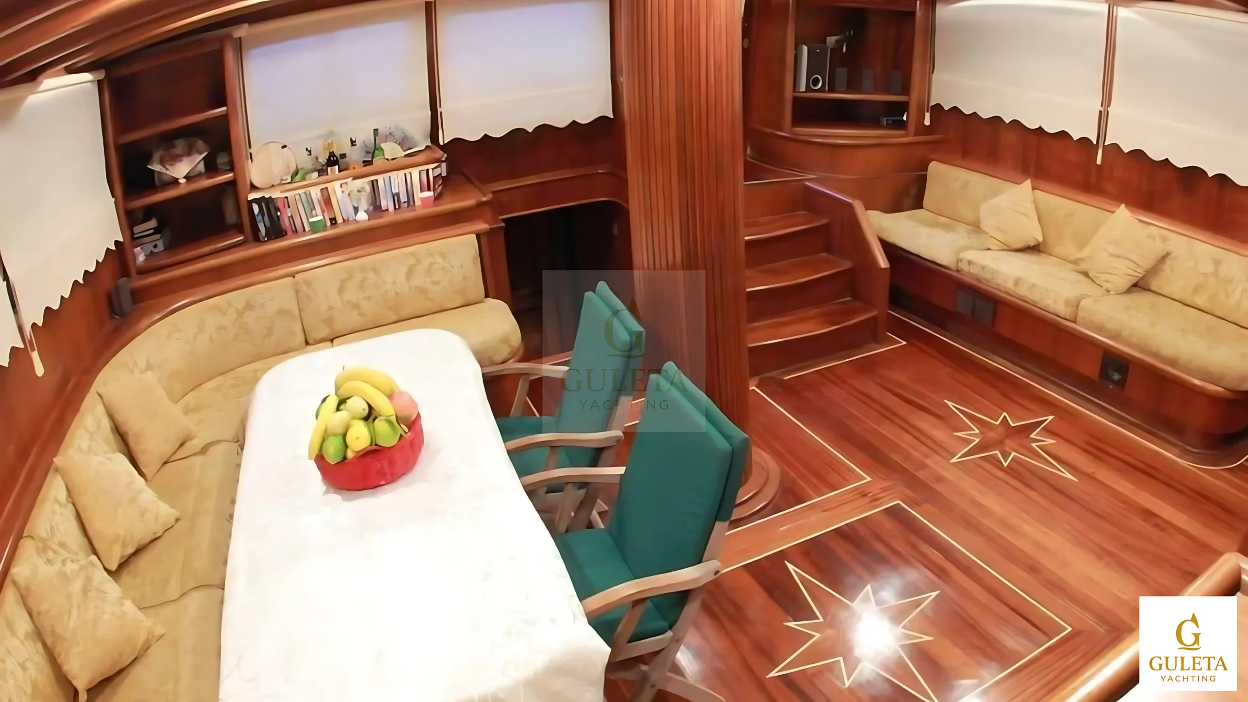 Close-up of the interior lounge and seating group on Galip Nur Gulet.