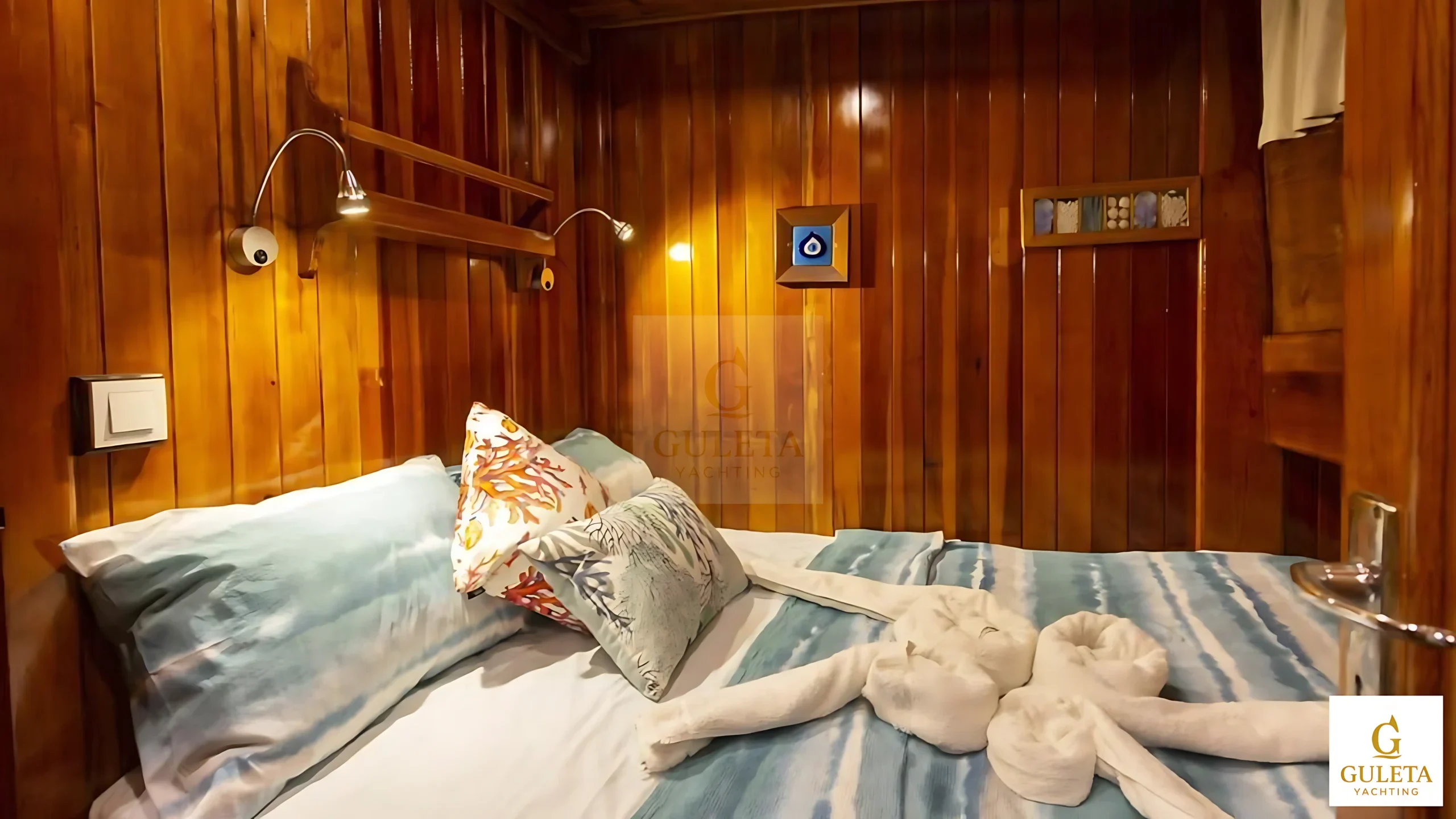 Gemibasi Gulet spacious double cabin with wooden decor