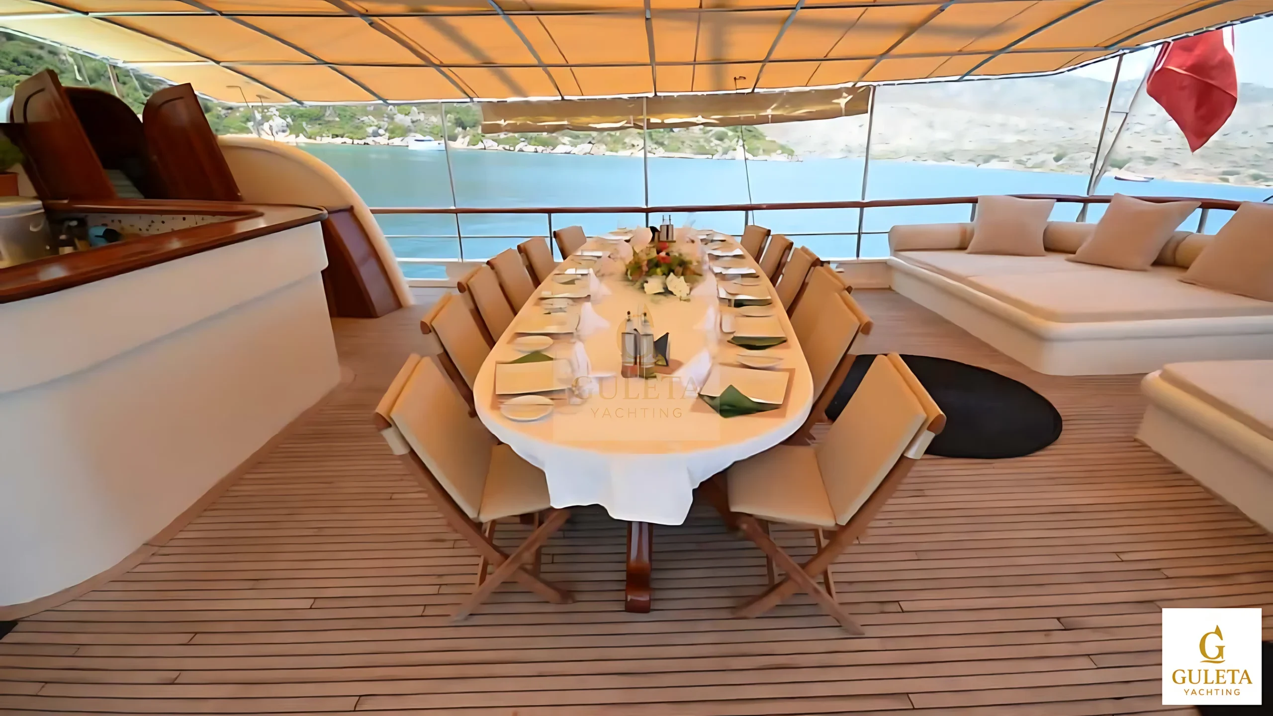 Side view of the elegant dining space on the C.Taner II Gulet.