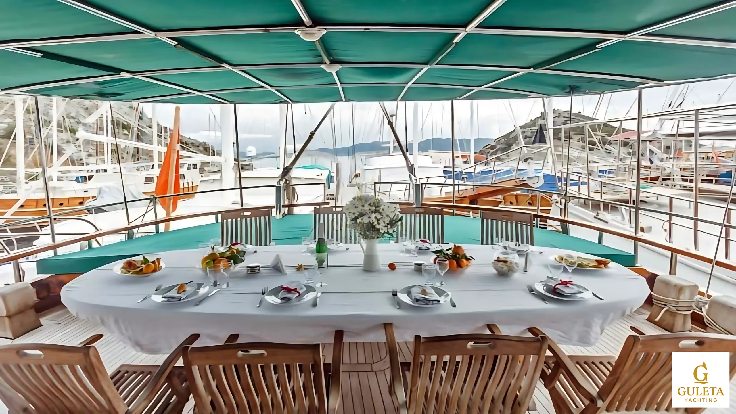 Dining table and aft lounge area on Galip Nur Gulet.