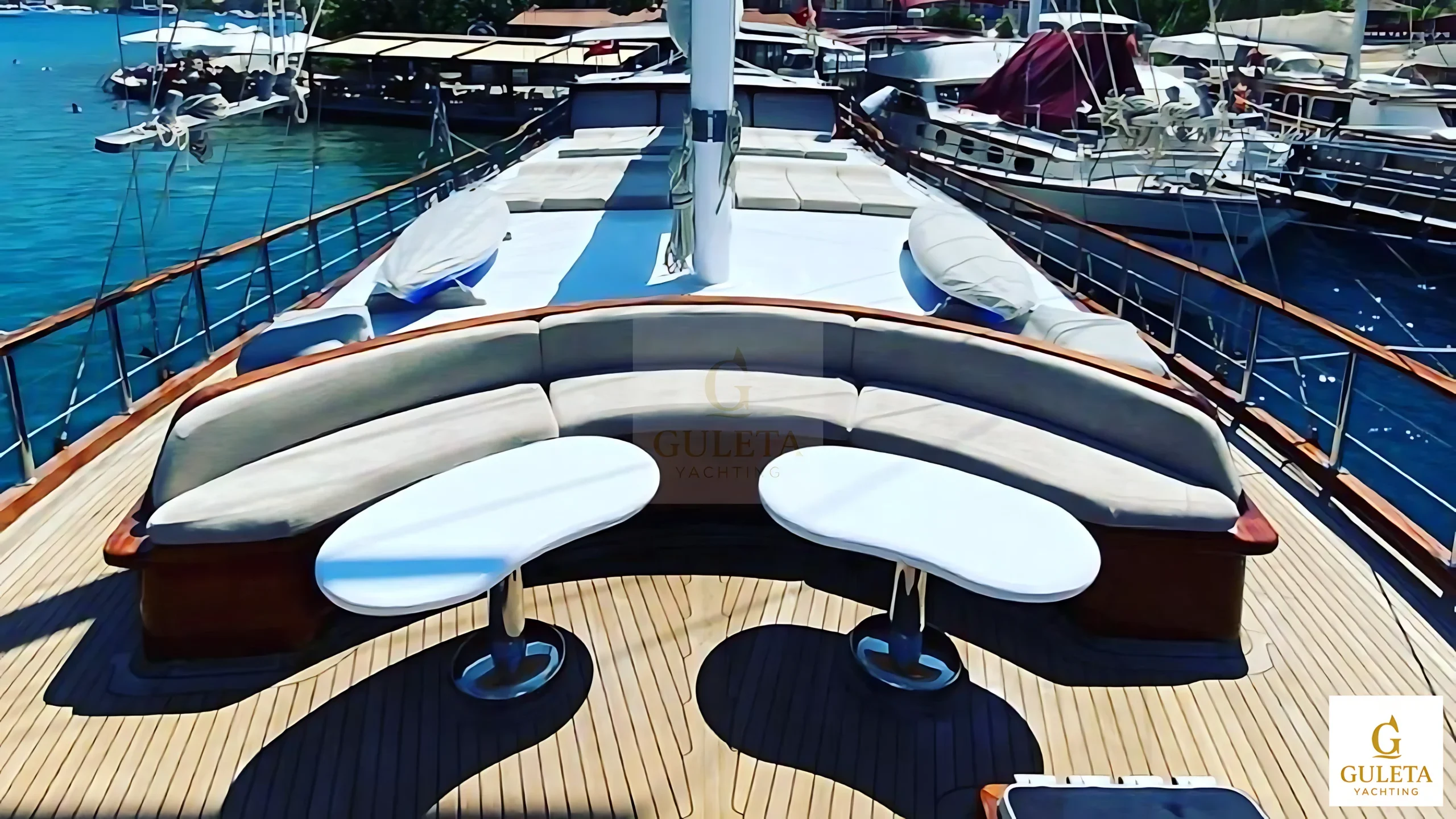 Front deck seating area on Galip Nur Gulet.