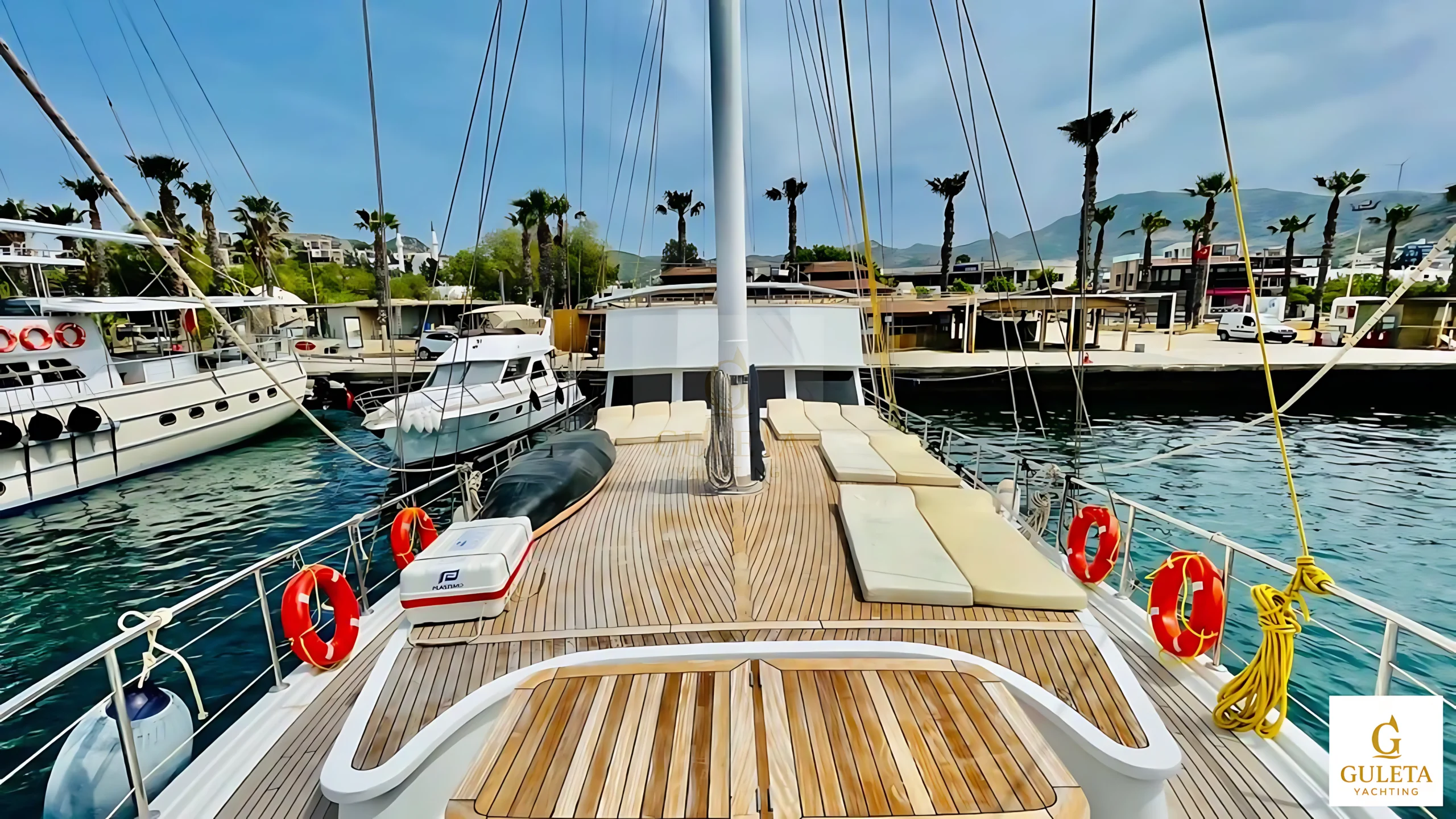 Pam Due Gulet luxury yacht charter branding image with premium gold design