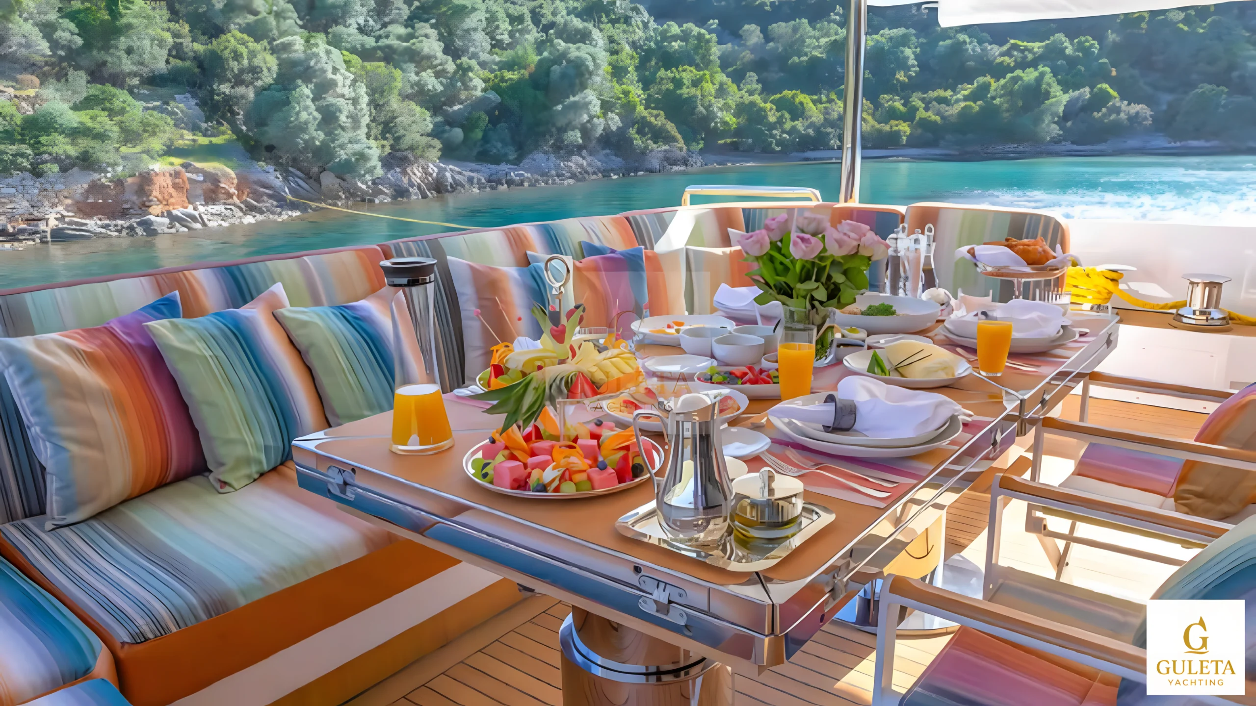Elegant sea-view dining table on a luxury gulet yacht charter in Turkey – Guleta Yachting.